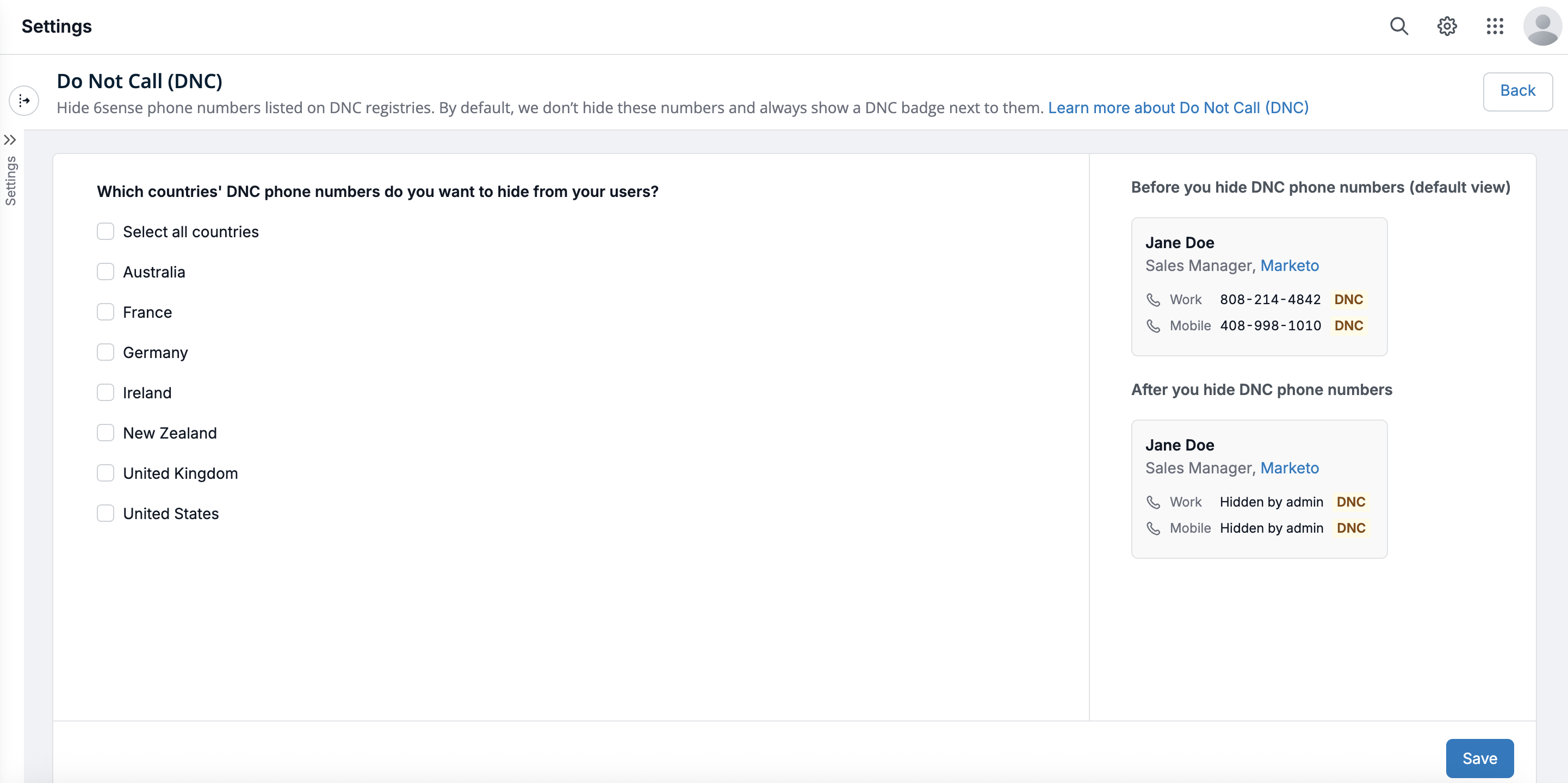 Settings page for managing Do Not Call phone numbers across various countries.